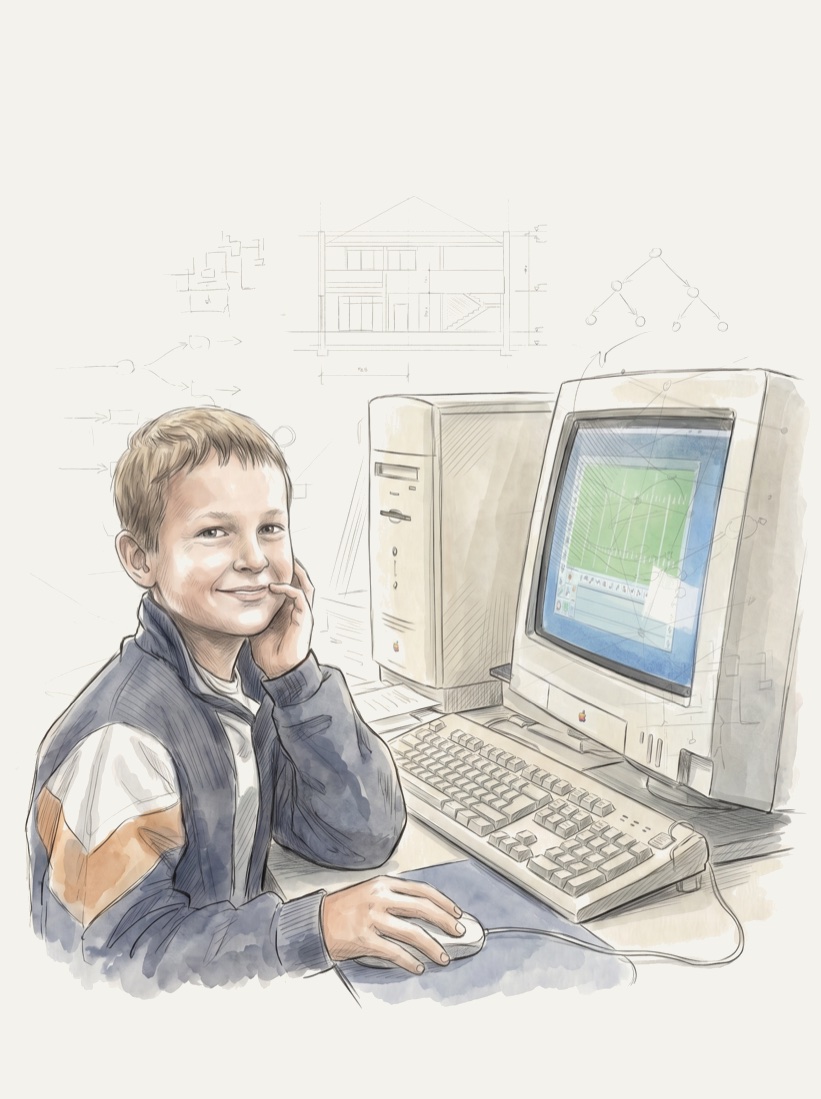 Illustration de Charles Gautier enfant devant un ordinateur dans le cabinet d'architecture de son père, des plans de bâtiment en arrière-plan.
